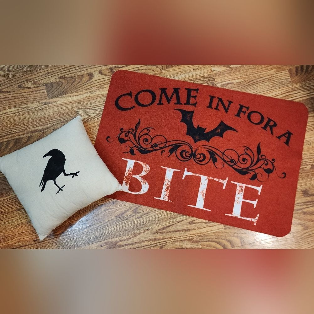 Come In For Bite Halloween Rug and Black Crow Throw Pillow